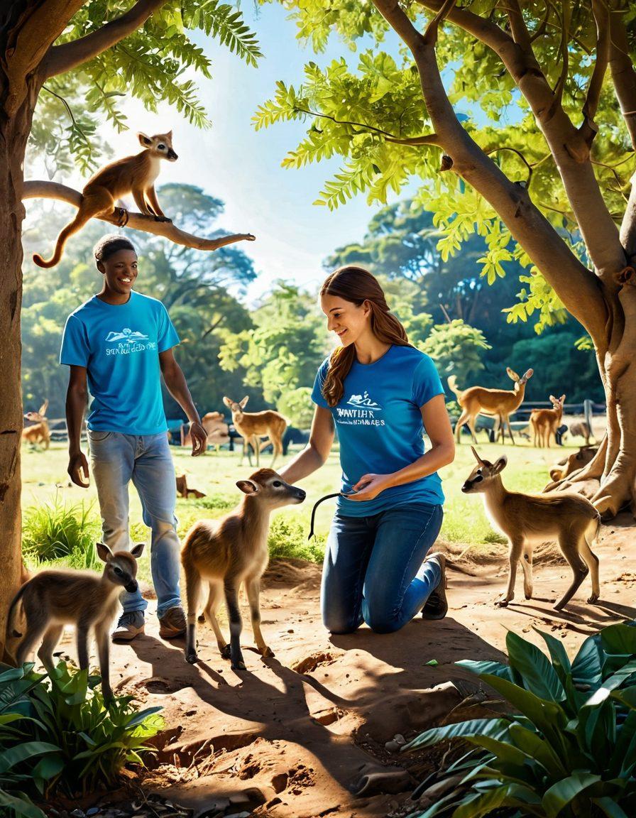 A heartwarming scene depicting a family volunteering at an animal sanctuary, surrounded by various rescued wildlife, such as playful monkeys, colorful birds, and gentle deer. The family is engaged in activities like feeding animals and planting trees, with a vibrant backdrop of lush greenery and bright blue skies. Soft sunlight filters through the trees, creating a warm and inviting ambiance. super-realistic. vibrant colors. white background.