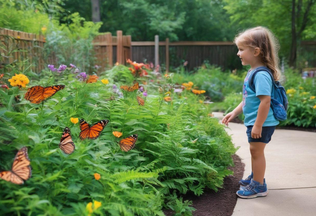 A vibrant, interactive outdoor exhibit showcasing children engaging with various elements of nature, such as exploring a butterfly garden, hands-on displays of plant life, and a wildlife corner with friendly animals. The background features lush greenery and colorful flowers, creating a sense of wonder and curiosity. The scene is lively with kids laughing and learning, capturing the joy of connecting with nature. super-realistic. vibrant colors. outdoor setting.