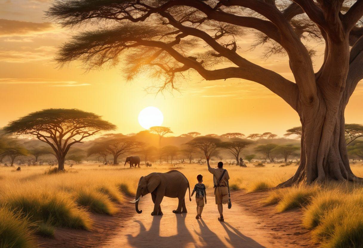 A vibrant and adventurous scene depicting a family exploring a safari park, with children excitedly pointing at a majestic lion lounging under a tree. In the background, a variety of animals like elephants and zebras roam freely, while the sun sets, casting warm golden hues across the savannah. The family is dressed in safari gear, feeling the thrill of the wild. A 3D illustration style with vivid colors and a slightly cartoonish flair to evoke a sense of fun and exploration.